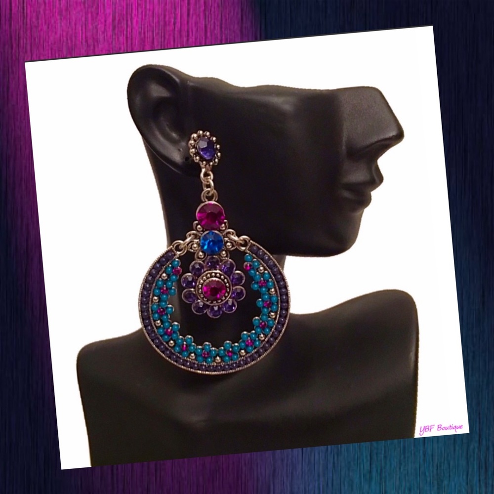New Burnished Silver Purple & Teal Jewel Post Drop Statement Fashion Earrings